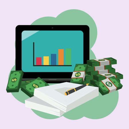 Laptop with growth chart on screen and money. Grow and profit concept vector illustrationのイラスト素材