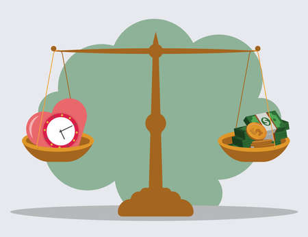 Balance scale with money and pink heart clock. Concept of life and work balanceのイラスト素材