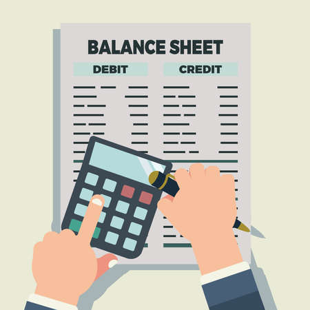 Hands, calculator, pen and balance sheet vector illustrationのイラスト素材