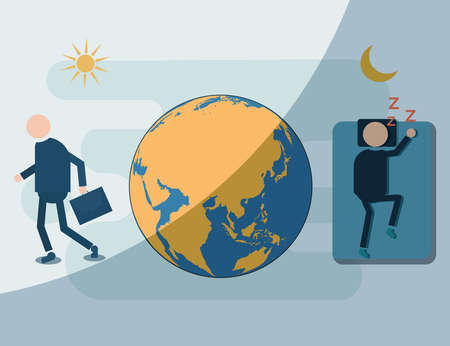 People and globe vector illustration. Noon and night activity conceptのイラスト素材