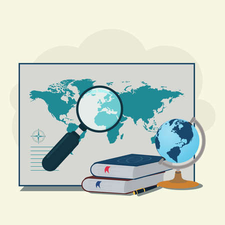 Map, books, pen, globe and magnifying glass. Geography lesson conceptのイラスト素材