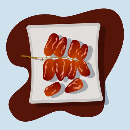 Dates palm fruit with stalk on the plate vector illustration. Breaking the fast, ramadan food conceptのイラスト素材