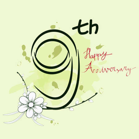 9th and flower with water color brush. Happy ninth anniversary concept. Suitable for  wedding cards, greeting cardsのイラスト素材
