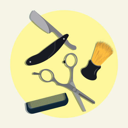 Barber razor, shaving brush, scissor, and comb . Haircut and shaving tools vector illustrationのイラスト素材