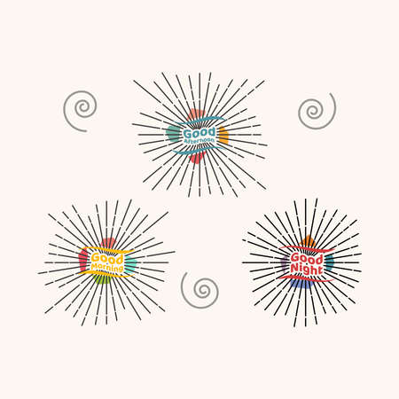 Lettering greeting different times of the day with sunburst design vector illustrationのイラスト素材