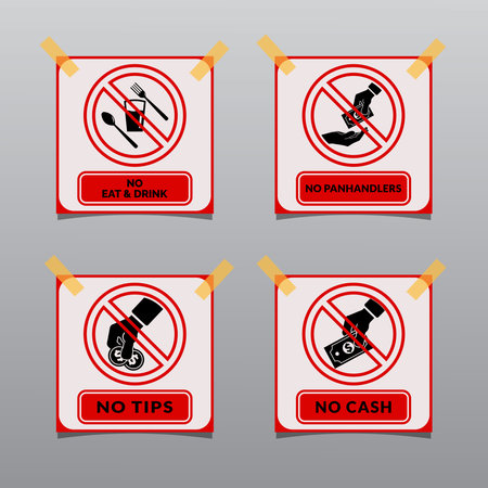 Caution do not eat and drink, no tips, no cash and no panhandlers sign design vector illustrationのイラスト素材
