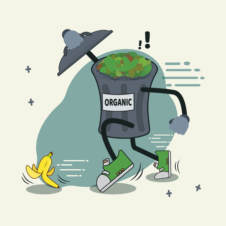 Trash can organic chasing banana peels cartoon characterのイラスト素材