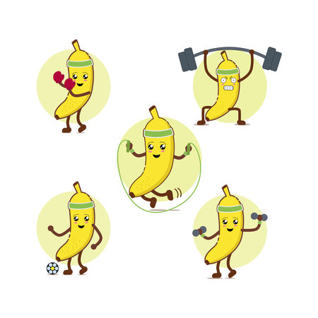 Cute banana cartoon character sport activitiesのイラスト素材