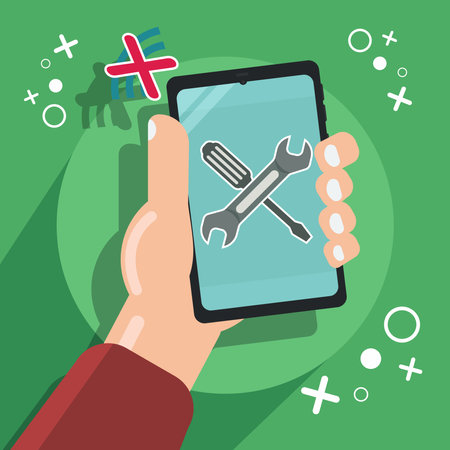 Hand hold Smartphone with wrench and screwdriver on screen. Smartphone repair and not Connected vector illustrationのイラスト素材