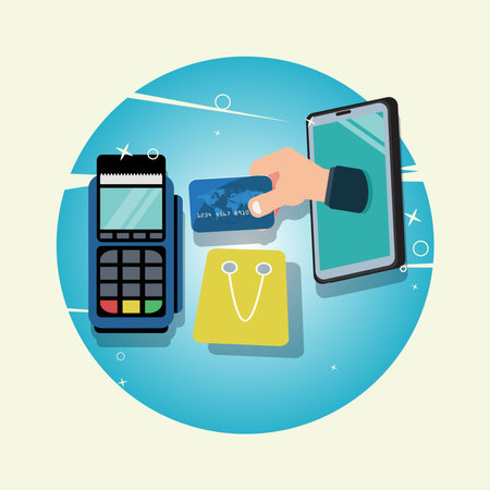 Pay merchant with credit card in hand out from phoneのイラスト素材
