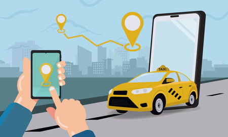 Taxi out from phone. Booking online taxi service graphic design vector illustrationのイラスト素材
