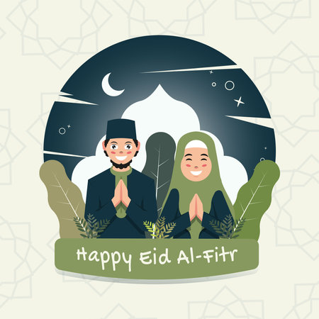 Happy eid al fitri background with muslim coupleのイラスト素材