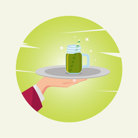 Avocado juice in jar on tray in hand vector illustrationのイラスト素材