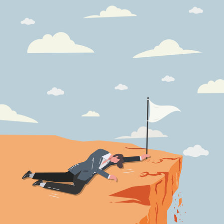 Businessman fainted planted the white flag in the hill, giving up concept illustrationのイラスト素材
