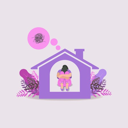 Depressed girl sitting in the house embracing him illustrationのイラスト素材