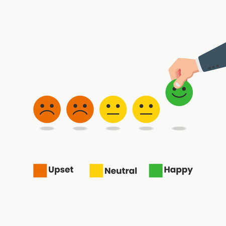 Hand choose a smile emoticon. Happy or satisfied customer rating experience illustrationのイラスト素材