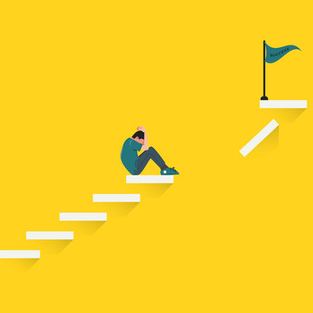 Depressed man sitting on the stairs with success flag on the top of stairs. Failure in life illustrationのイラスト素材