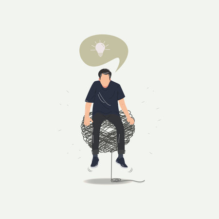 Man sitting on a flying scribble object with light bulb in speech bubble on the top. Control and solve problems conceptのイラスト素材