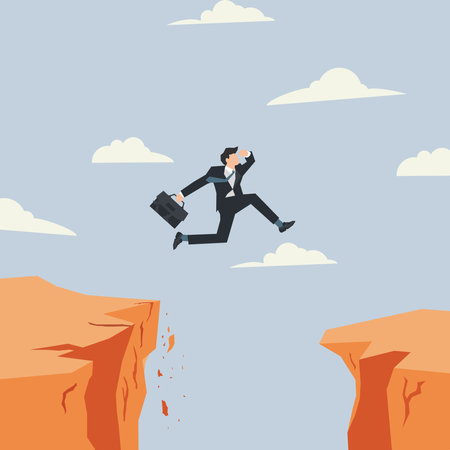 Businessman jumping over precipice with gap. Risk and challenge concept illustrationのイラスト素材