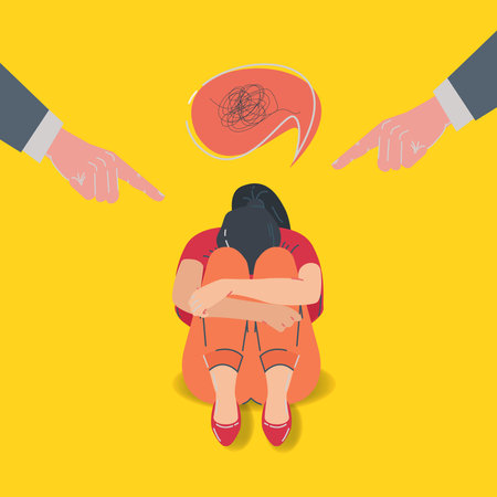 Sad girl sitting with hands pointing index fingers at her, depressed concept illustrationのイラスト素材