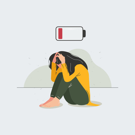 Depressed girl low power. Low battery, fatigue, sadness, mentally down girls vector illustrationのイラスト素材