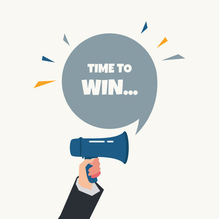 Hand holding megaphone with Time To Win speech bubble vector illustrationのイラスト素材