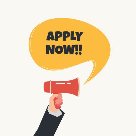 Hand holding megaphone with APPLY NOW speech bubble vector illustrationのイラスト素材