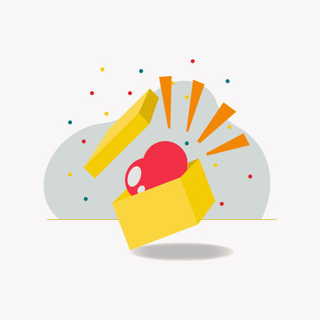 Surprise yellow gift box, special heart shape package illustrationのイラスト素材
