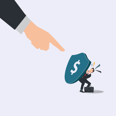 Businessman taking cover with money shield from pointing hand vector illustrationのイラスト素材