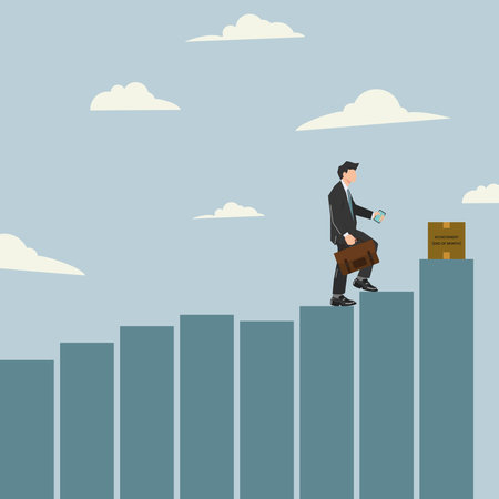 Businessman walk up the bar graph to the cardboard achievement end of the month. Successful target achievement at the month illustrationのイラスト素材
