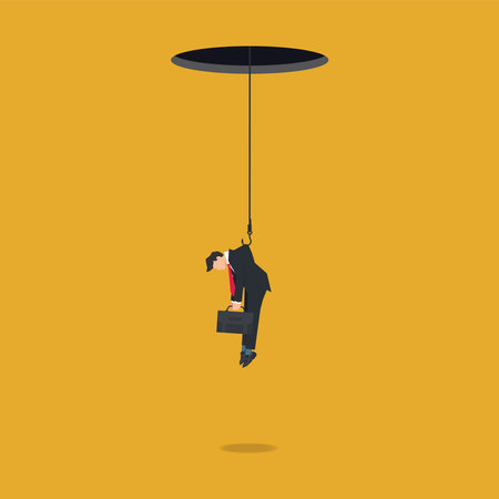Businessman with a hook from a hole. Recruitment or hiring employee concept vector illustrationのイラスト素材