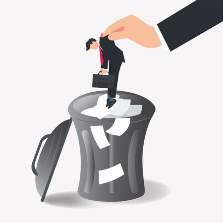 Hand holding businessman want to be put in the trash vector illustration. Dismissal, not productive conceptのイラスト素材