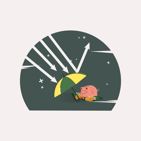 Umbrella protect the piggy bank and money from downturn arrow. Financial survive in crisis concept illustrationのイラスト素材