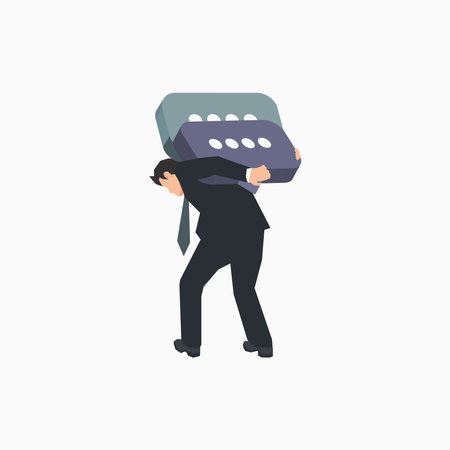 Businessman carrying the speech bubble illustration. Lots of instructions conceptのイラスト素材