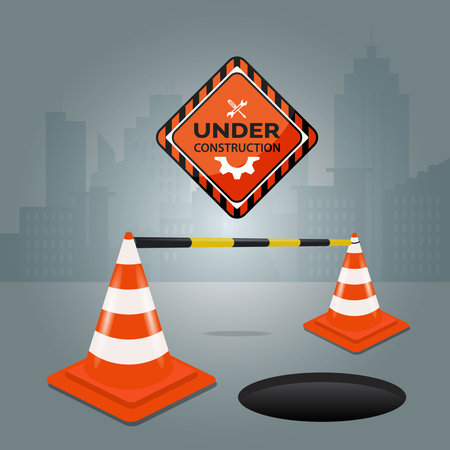 Warning under construction sign with traffic cone and hole illustrationのイラスト素材