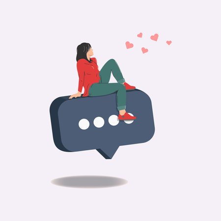 Woman sitting on speech bubble looking to the flying pink heart shape illustrationのイラスト素材