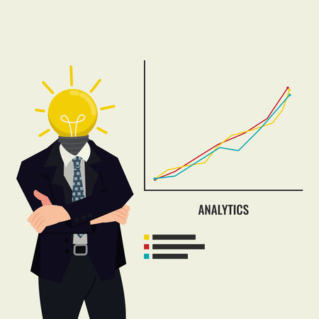 Businessman with light bulb head and line chart. Lots of idea and inspiration for performance vector illustrationのイラスト素材