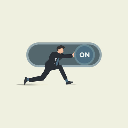 Businessman pushing toggle switch on button slider bar. Switch on mode vector illustrationのイラスト素材