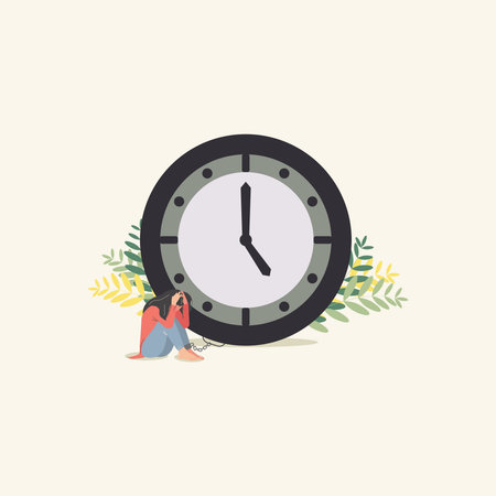 Vector depressed girl with big clock. Torturous waiting time concept illustration