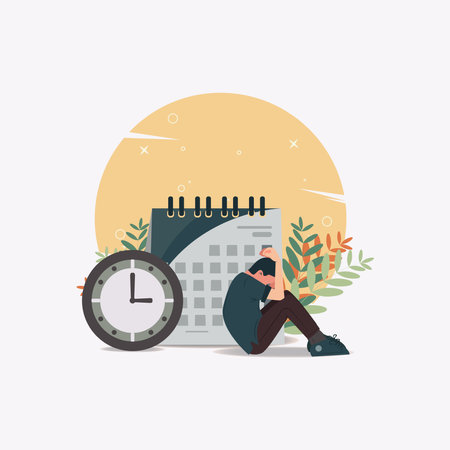 Depressed sad man with clock and calender design vector illustrationのイラスト素材