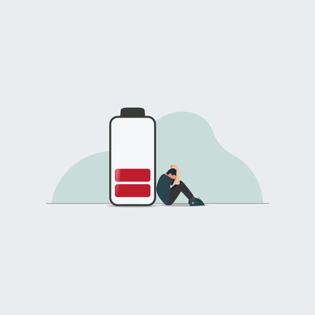 Sad man with low battery illustration. Mentally down conceptのイラスト素材