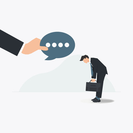 Vector businessman look down with hand holding speech bubble. Boss gives instructions concept illustrationのイラスト素材