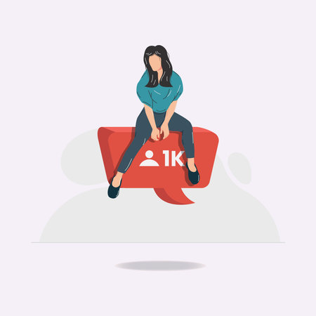 Woman sitting on flying followers comment notification design vector illustrationのイラスト素材
