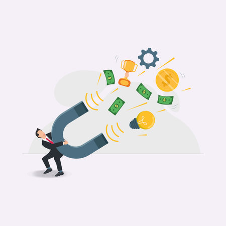 Vector businessman holding a magnet attracts the assets design vector illustrationのイラスト素材