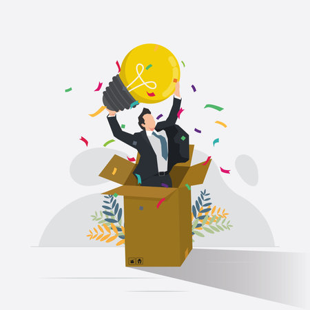 Vector businessman standing in cardboard and holding bulb. Get new creative ideas concept vector illustrationのイラスト素材