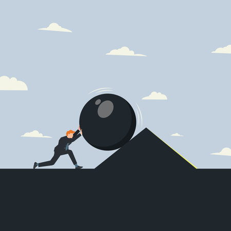 Businessman pushing the giant ball and is blocked by big triangle. Business problem concept vector illustrationのイラスト素材