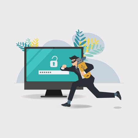 Computer password unlocked, businessman thief the data. Cyber crime concept vector illustrationのイラスト素材