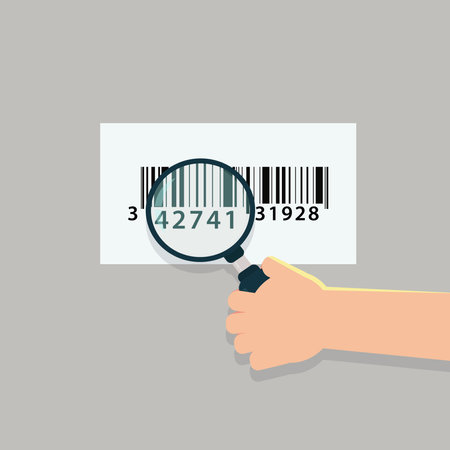 Hand hold magnifying glass with barcode. Product identification concept vector illustrationのイラスト素材