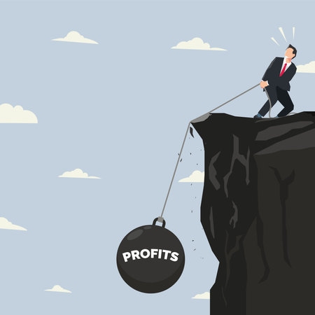 Businessman pulls up profit heavy burden on the cliff. Fix rapidly declining profits concept illustrationのイラスト素材