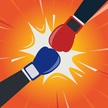 Vector two businessmen hand with boxing gloves strike. Business competition concept design illustrationのイラスト素材